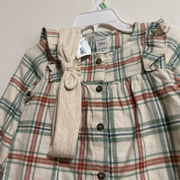 Carter's Baby Outfit Girl 18M Plaid Tunic Leggings Headband Set Button Front - Picture 4 of 9